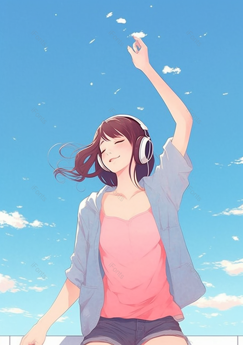 蓝色夏季天台听音乐女孩开心小清新插画,插画/手绘图,插画/手绘图库,插画/手绘图下载,插画/手绘